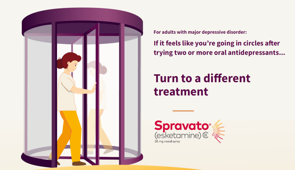 Illustration of a woman stepping out of a revolving door, symbolizing the cycle of failed antidepressant treatments.
