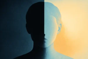 A digital illustration of a person’s silhouette divided into two halves: the left side in dark blue and black tones representing depression, and the right side in soft blue and golden tones symbolizing hope and healing.