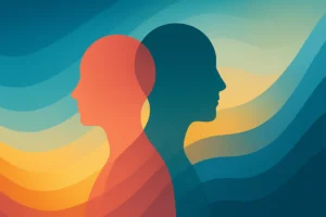 Two overlapping human profiles in coral and teal tones surrounded by fluid gradient waves in teal, blue, and gold