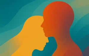 Abstract illustration of two human silhouettes in warm orange and gold tones against flowing teal and blue gradients, symbolizing empathy, connection, and recovery from depression.