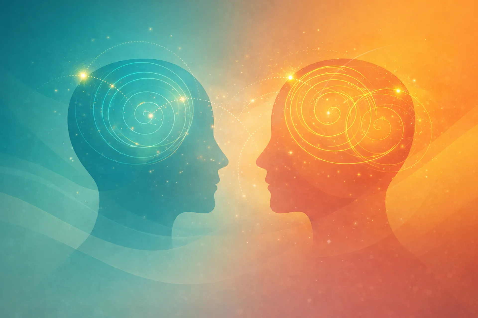 Abstract illustration representing obsessive-compulsive disorder, with two human silhouettes and swirling thought patterns in teal and warm tones.