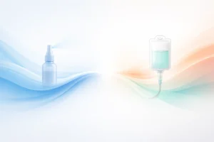 Abstract illustration comparing nasal spray and IV infusion treatments, with soft blue and green waves converging in the center.