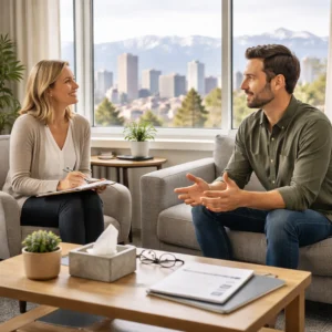 Therapist and client seated in a modern office with the Denver skyline and Rocky Mountains visible through the window during an OCD treatment session.