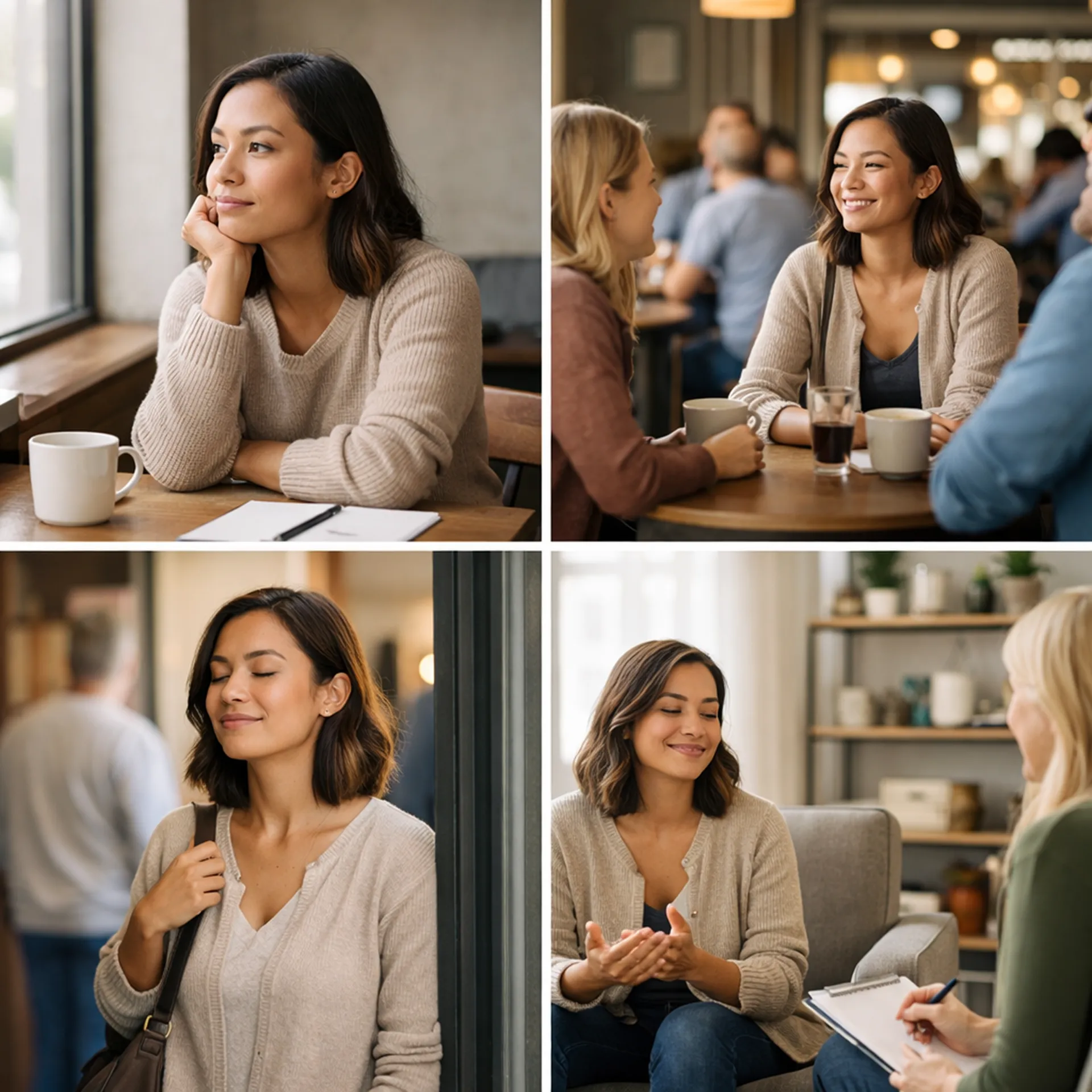 Woman sitting thoughtfully in a café, later engaging in conversation with friends and speaking with a therapist in a calm office setting.
