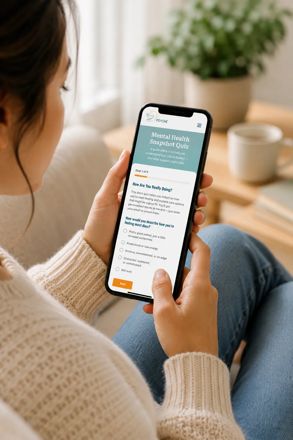 Woman taking Psyche Denver's Mental Health Snapshot Quiz