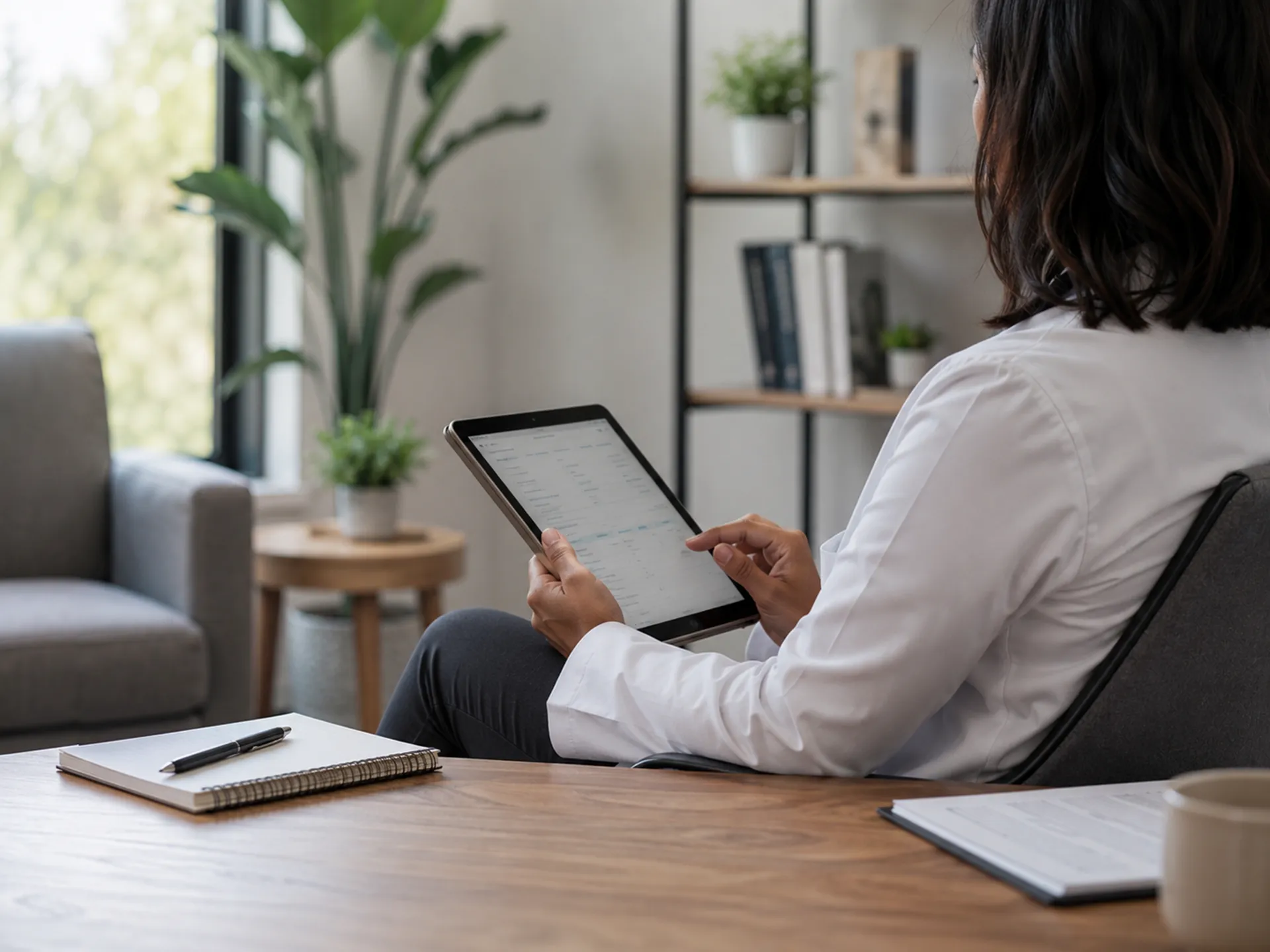 Clinician reviewing clinical trial notes on a tablet in a calm, modern mental health office with plants in the background.