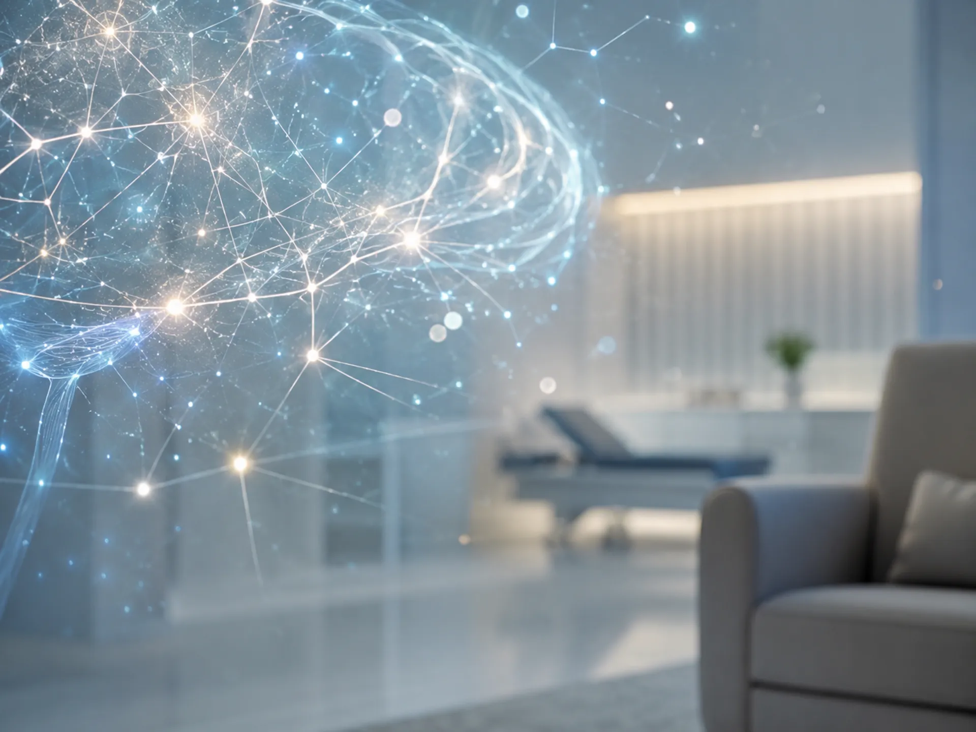 Abstract glowing neural pathways forming a brain-like shape over a calm, modern clinical interior.