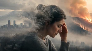 Woman holding her head as wildfire smoke and air pollution surround the Denver skyline.