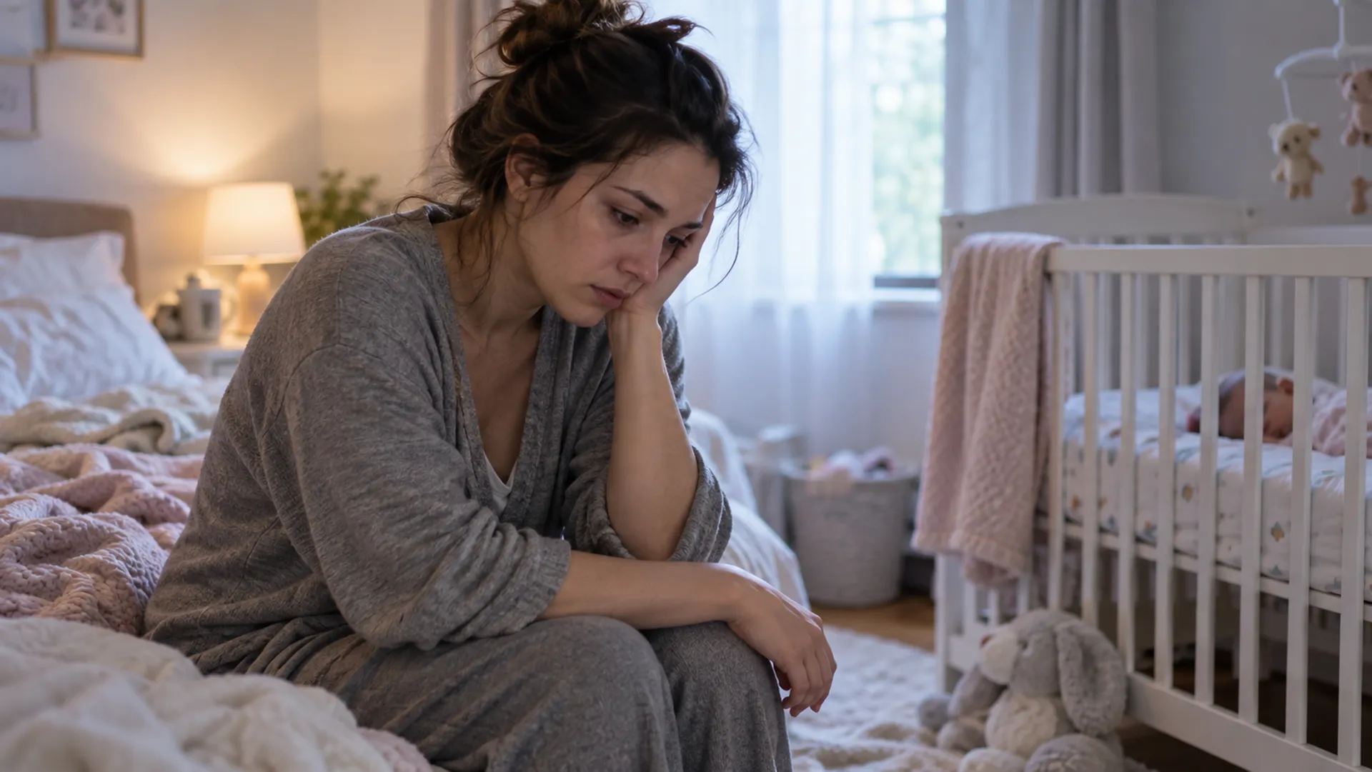 Exhausted new mother sitting beside a crib while her baby sleeps.