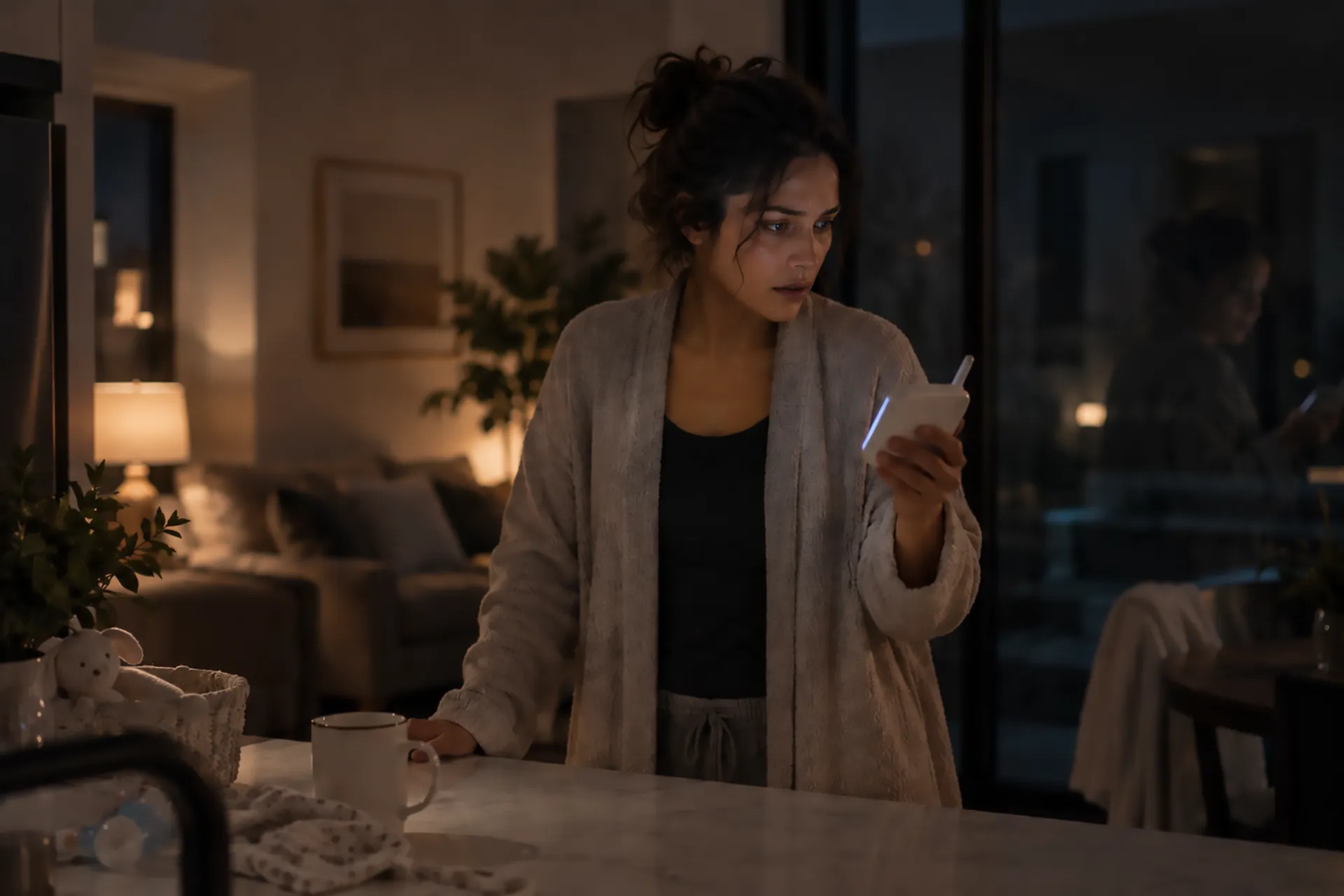 Worried new mother standing in a dimly lit kitchen at night, looking at a baby monitor.